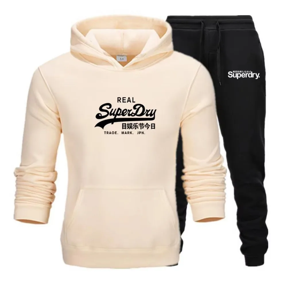 UK Superdry Brand New Autumn/winter Printed Hoodie+drawstring Pants Set Top Street Fashion Men\'s Fleece Pocket Casual Sports Set