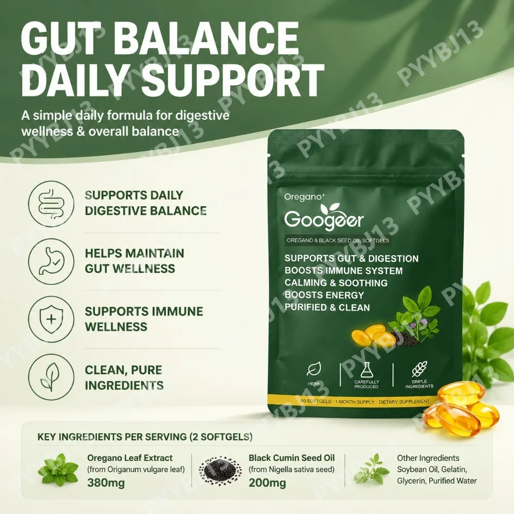Googeer Oregano Leaf Extract & Black Seed Oil Softgels, Daily Digestive and Immune Wellness Support, 60 Softgels, 30-Day Supply