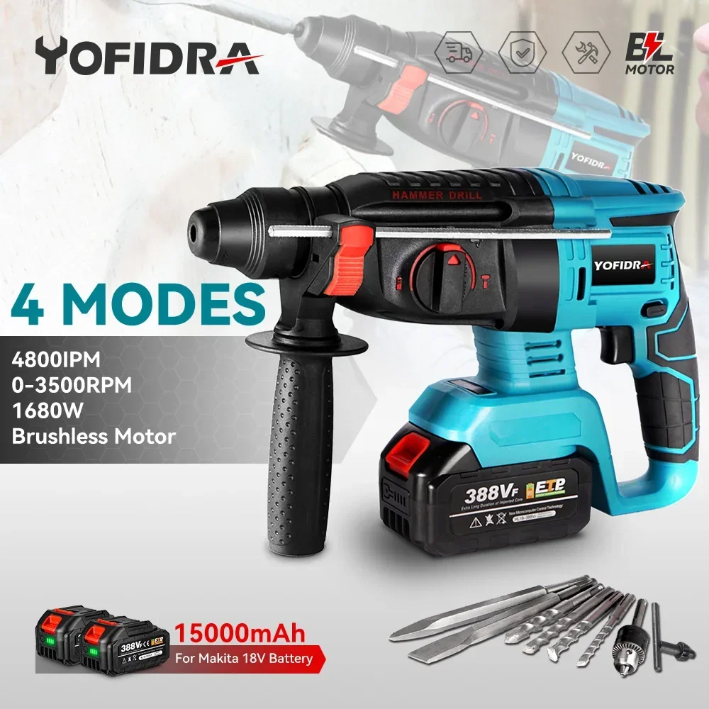 YOFIDRA 26mm Brushless Electric Hammer Drill Cordless Multifunctional Rechargeable Power Tools For Makita 18V-21V Battery