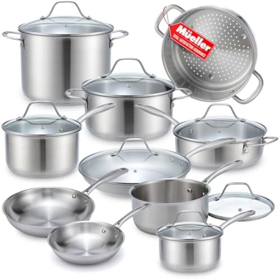 

Mueller Stainless Steel Pots and Pans Set Tri-Ply Ultra-Clad Pro Cookware Set, Induction Ready, Oven Safe, Even-Heat Aluminum C