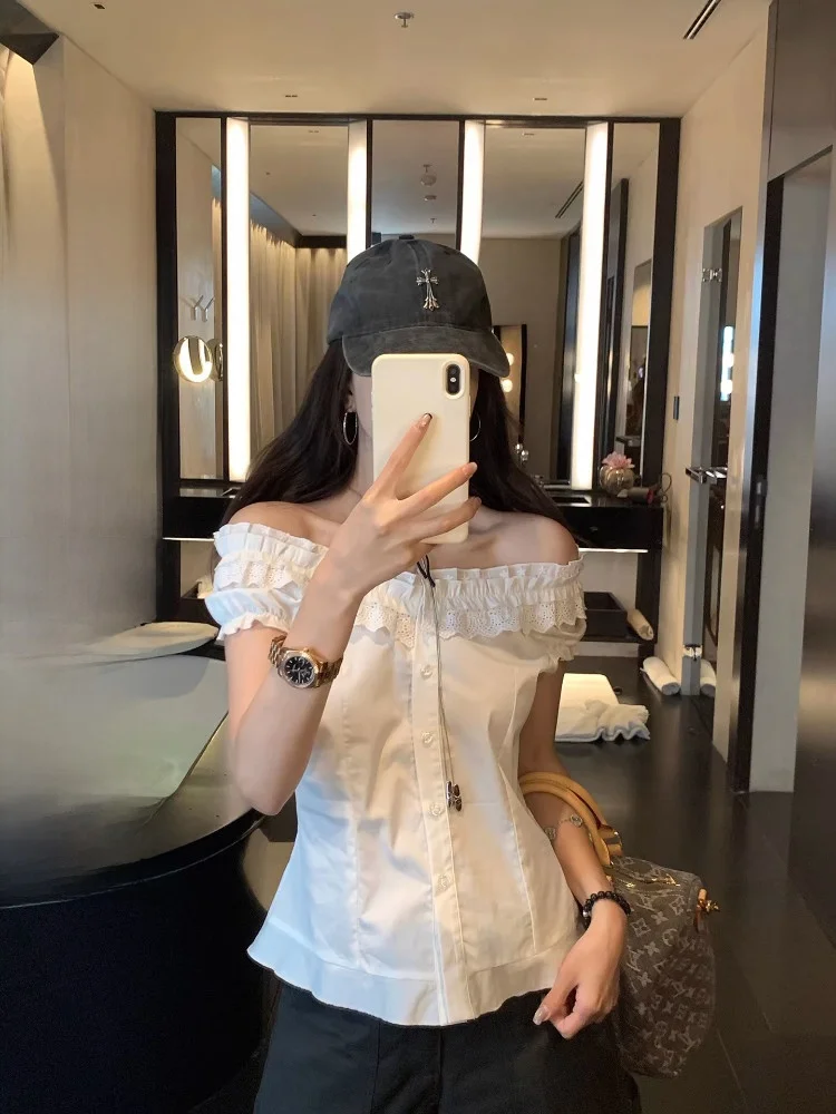 

EKOOL женский белый топ с кружевной отделкой, лето 2023, новинка Sle для похудения, топ на одно плечо с колючками, корейский Sle Commute Faion