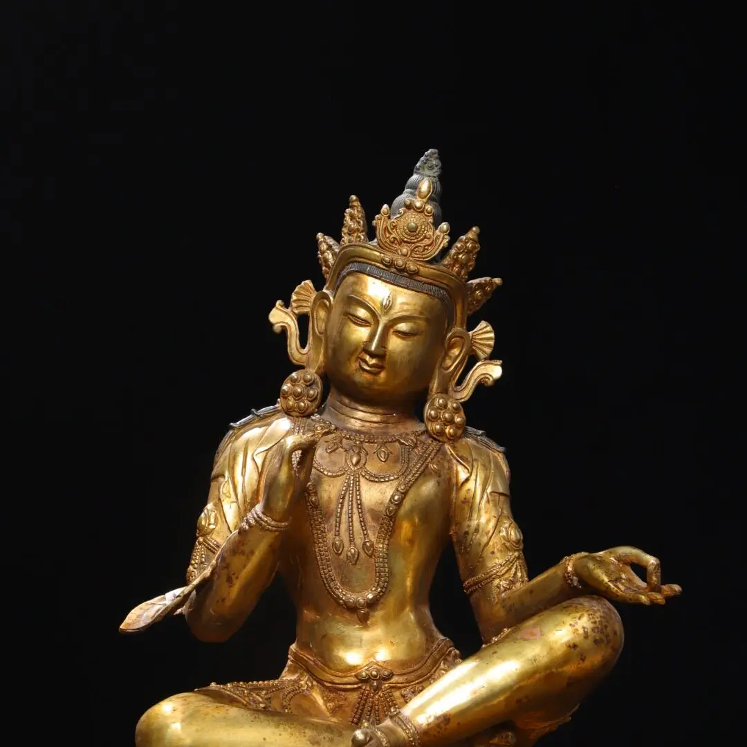 Tara Guanyin Statue Pure Copper Gold Plated Tibetan Bodhisattva Home Altar Vintage Decor Figurine