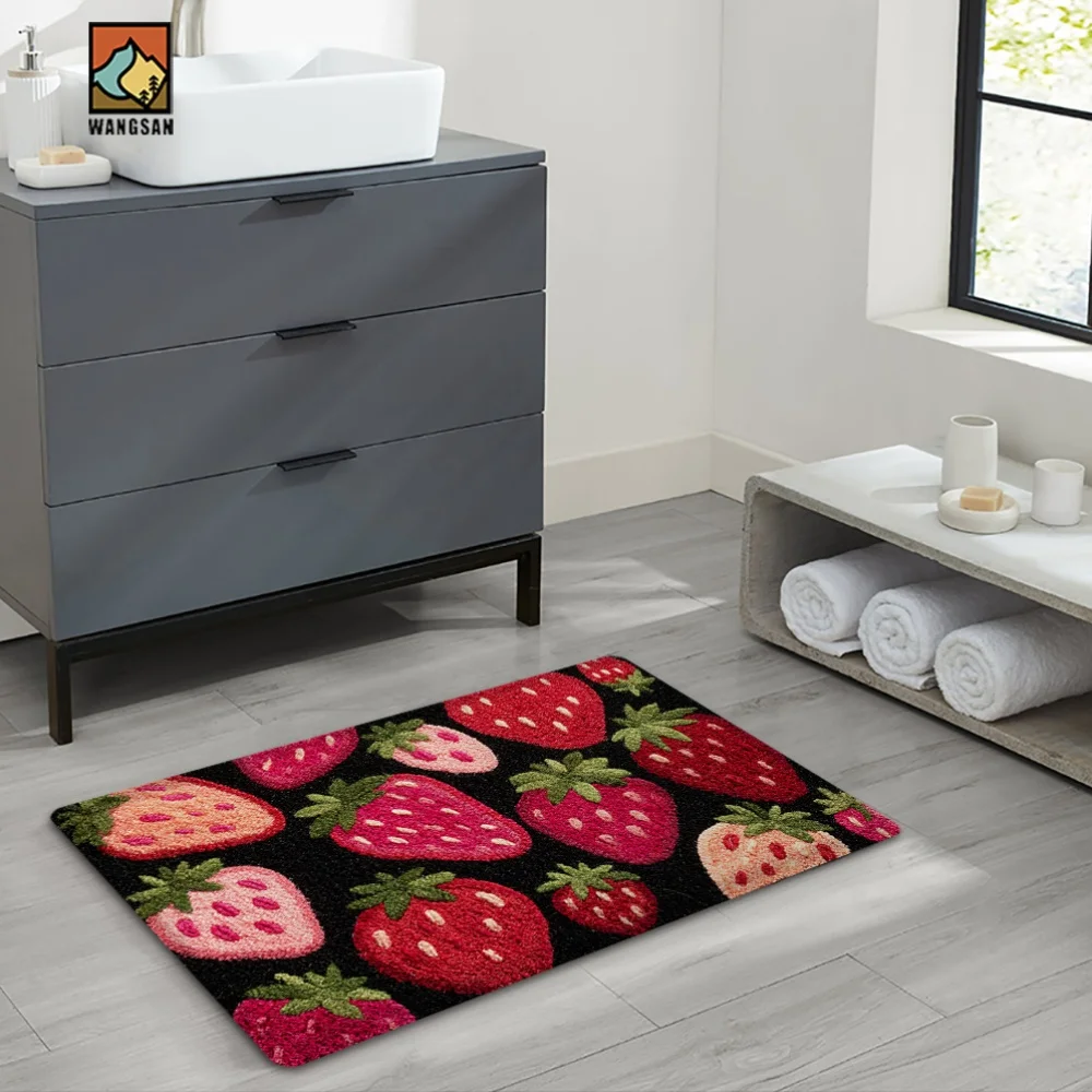1pc Cute Strawberry Pattern Rectangular Bathroom Non-slip Floor Mat | Soft Polyester, 1.2cm Thick, 520g/m², Suitable for Bathr