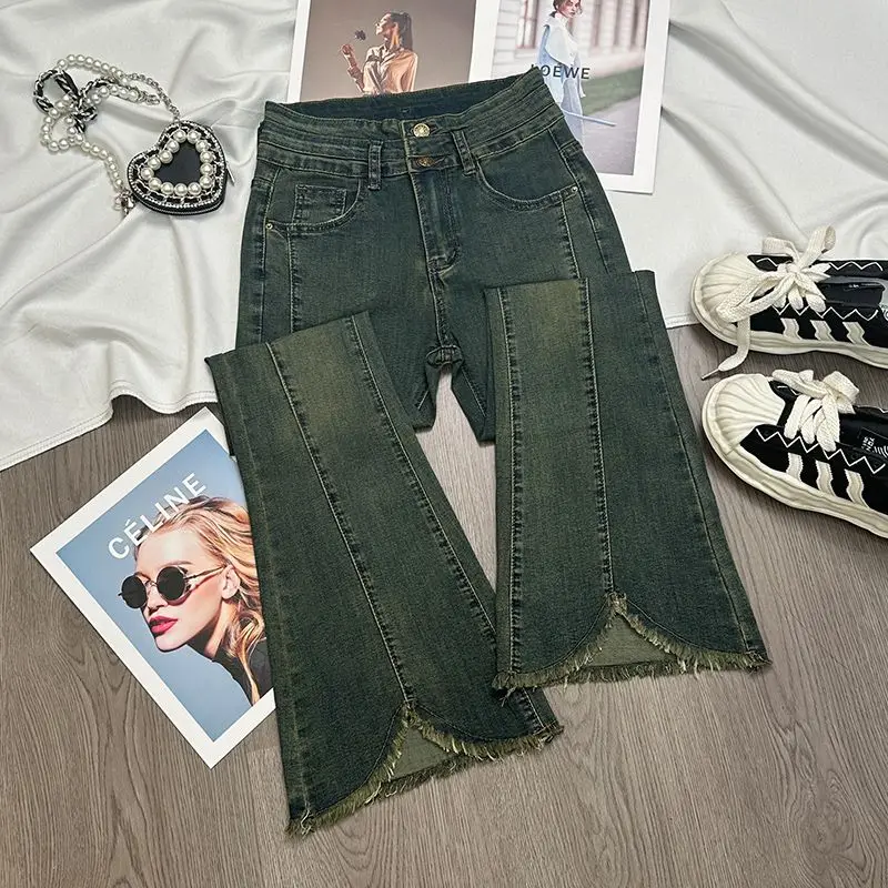 

High Waist Flared Jeans Women's New Sle Elastic Frayed Hem Hide Hip Slimming High Rise Casual Bootcut Denim Pants