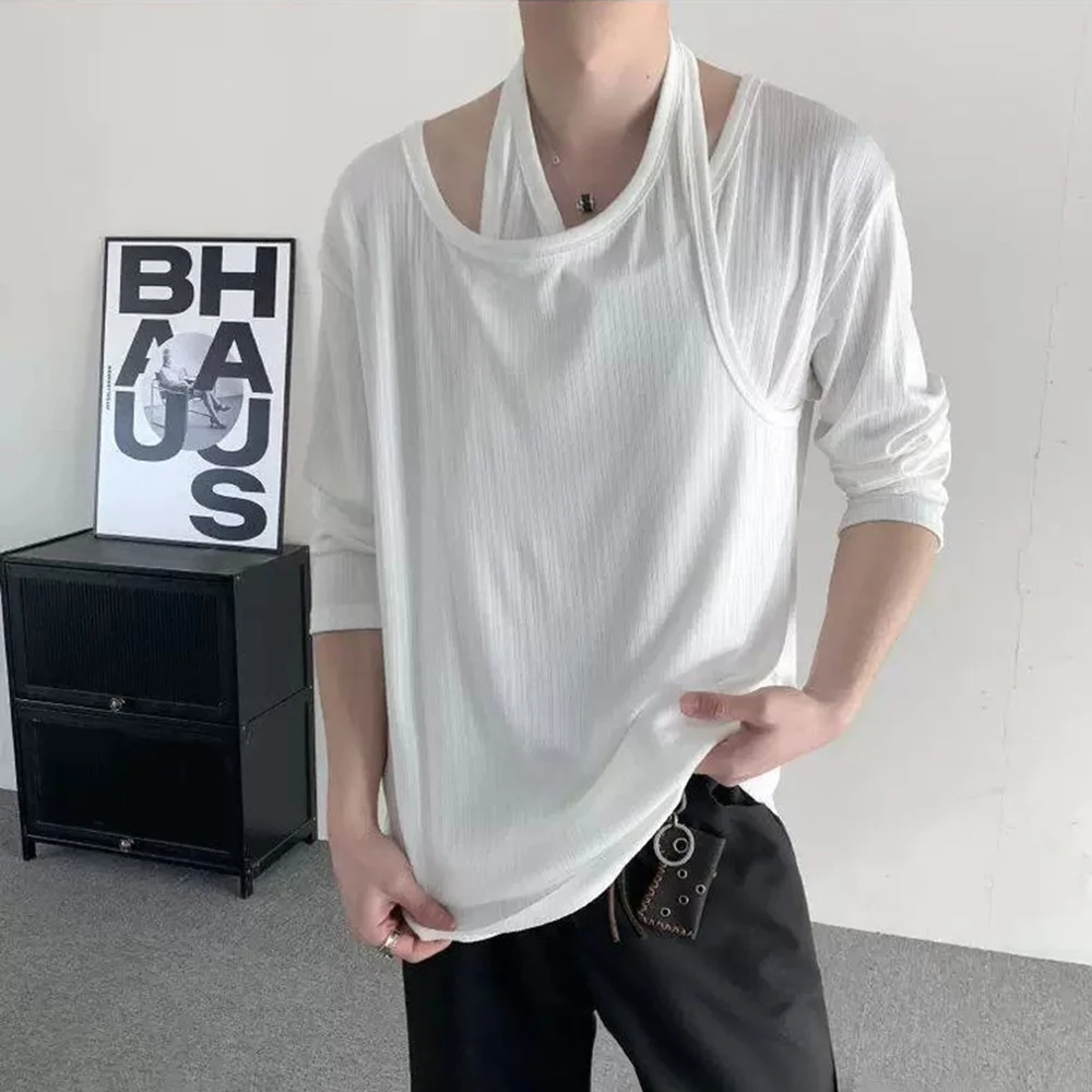 Summer New Men's Solid Color Fake Two-Piece Long-Sleeved T-Shirt Fashion Trend Leisure Simple Loose Breathable Niche Men's Tops