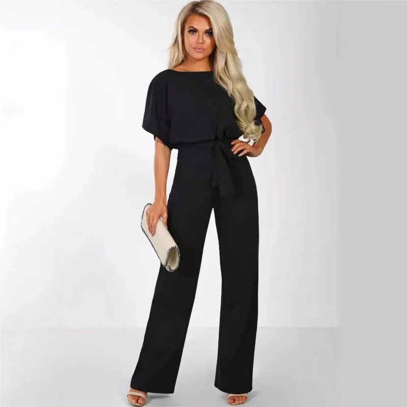 Women Autumn Jumpsuit Elegant Short Sleeve Waist Tie Fashion Solid Summer Wide Leg Pants Bodysuit Overalls Wide Leg Cropped Pant