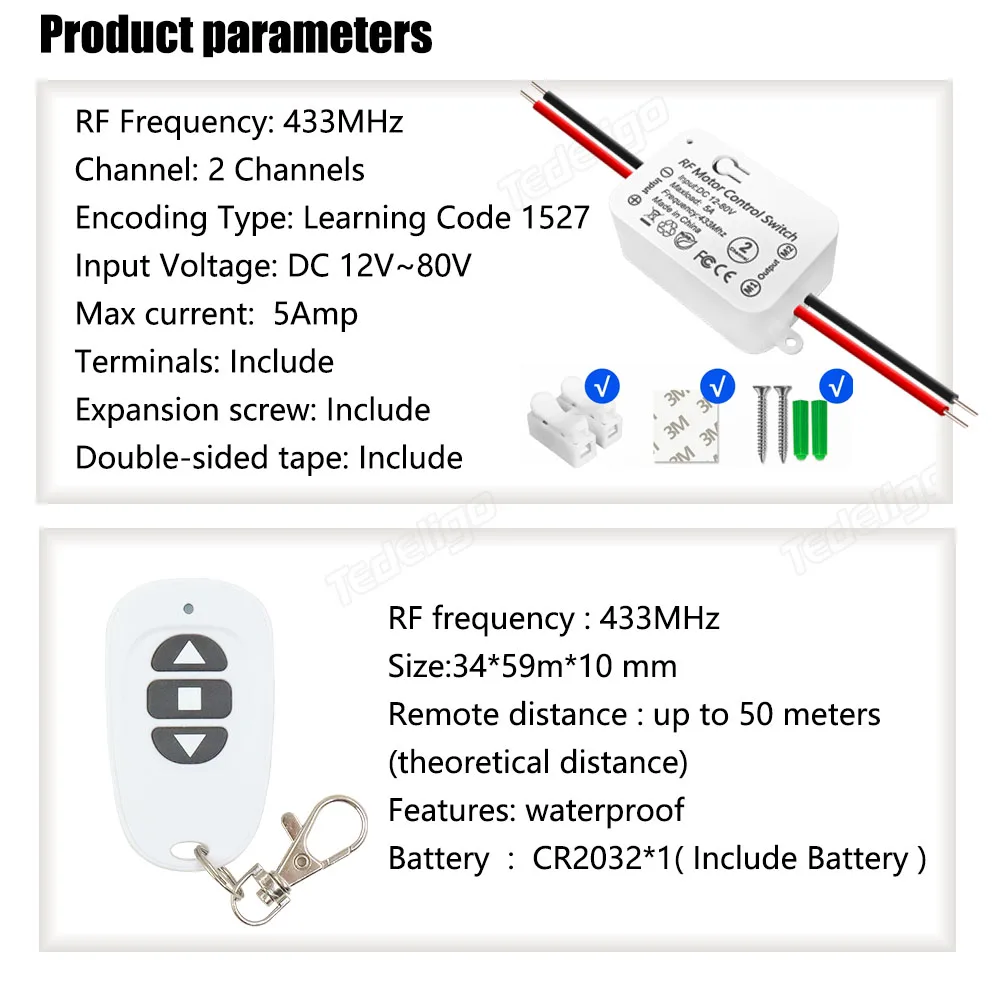 433Mhz Wireless DC Motor Remote Control Switch 12V 24V 48V 5A Receiver Controller with Transmitters for Garage Door Curtain