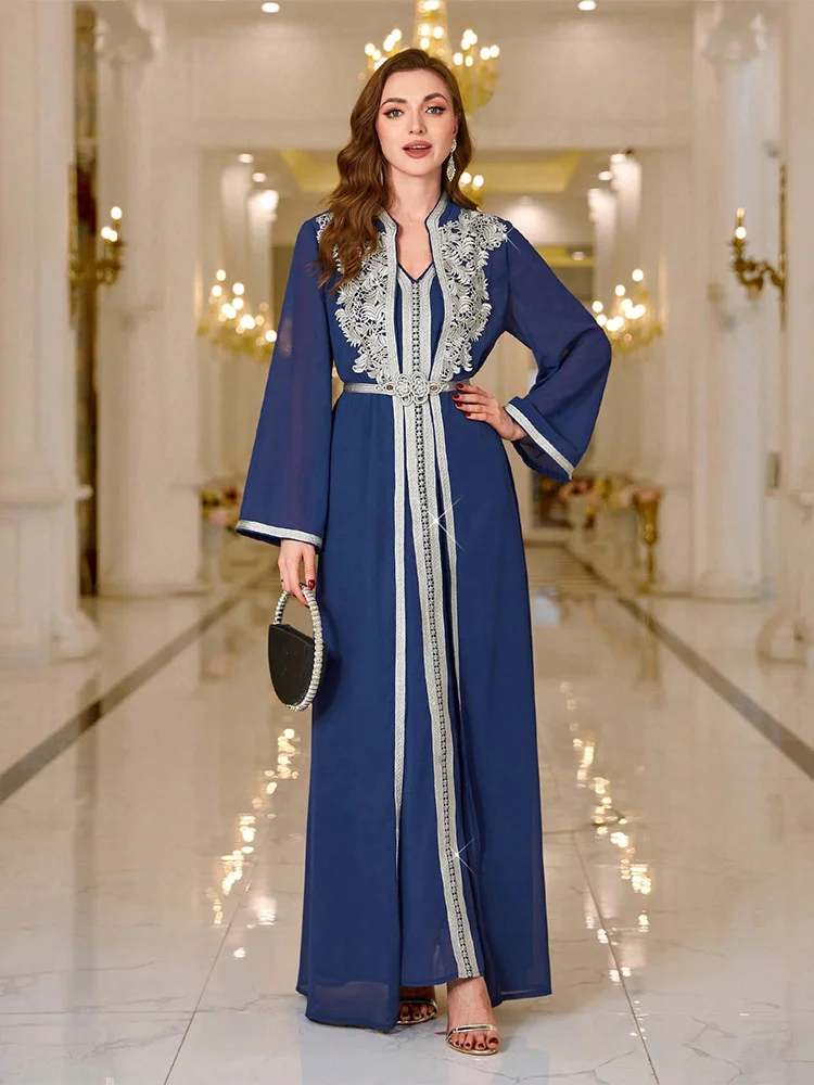 

2026 Cross-Border Pearl Embellished Shawl Neck Long Sleeve Chiffon Base Skirt Set Women's Evening Gown Ethnic Style