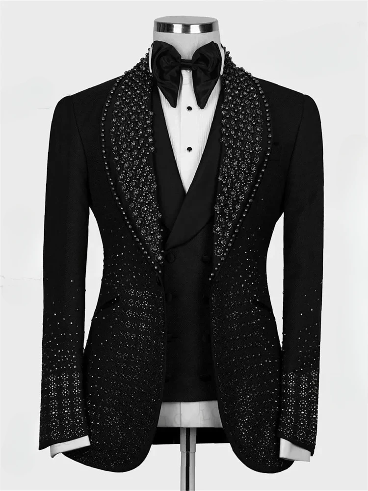 Luxury High Fashion Men Suits 2 Pieces Set One Button Beadings Diamonds Party Slim Fit Tuxedo Wedding Groom Tailored