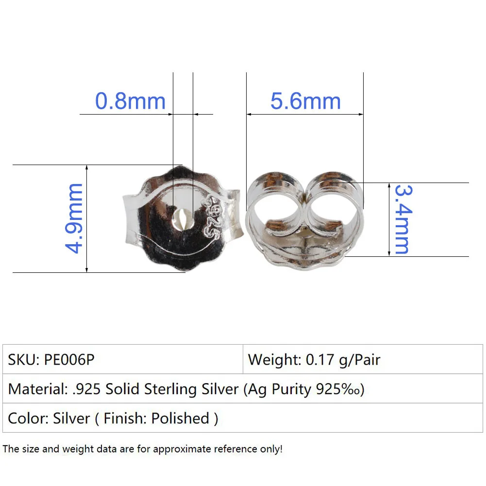 earnut,5.6mm solid 925 sterling silver earring backs  friction butterfly back stopper plug ,1pair