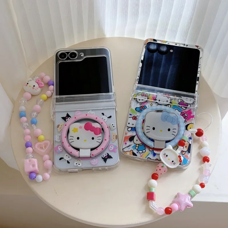 Cute Cartoon Sanrio Color Circle Magnetic Phone Case for Samsung Galaxy Z Flip 7 6 5 with Bracket Lanyard