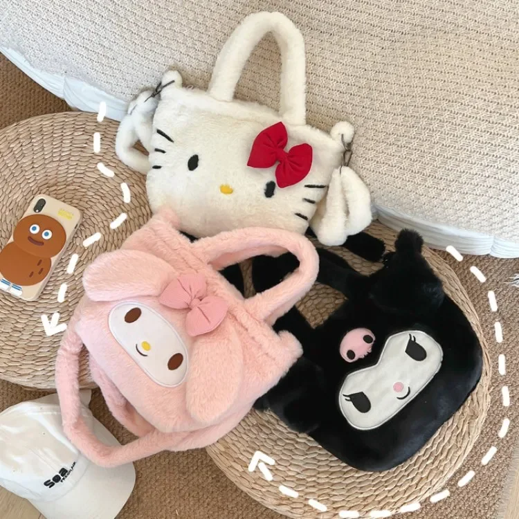 Kawaii sanrio kuromi hallo kitty plüsch tasche cinna moroll handtasche tasche plushie schulter umhängetaschen gefüllt make-up rucksack geschenk