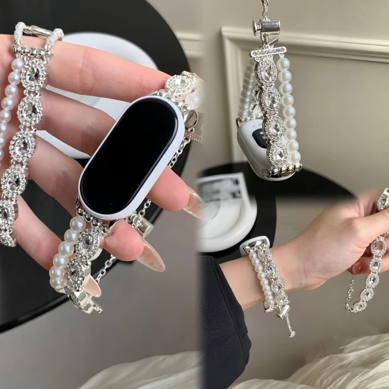Rhinestone Pearl Bracelet Band for Apple Watch 40 41 44 45 46 49mm Double Layer Strap for IWatch 11 10 9 8 7 6 Wrist Replacement