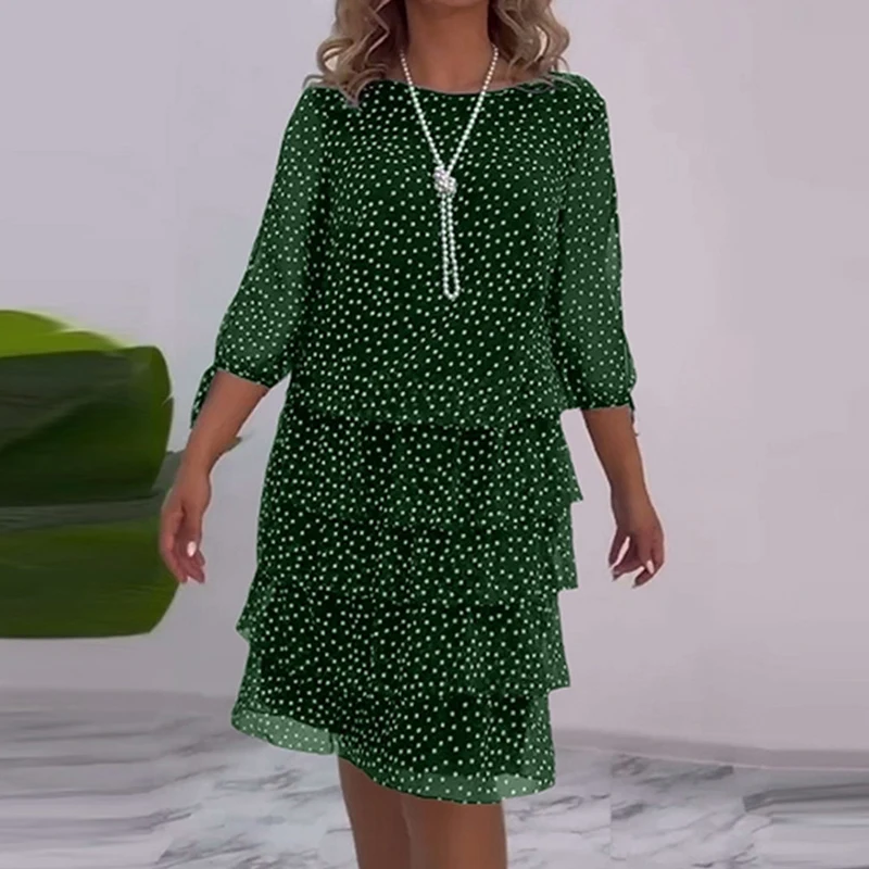 Elegant O-neck Polka Dot Slim Office Dress Women Casual 3/4 Sleeve Stitching Ruffles Party Dress Autumn Chic Waisted Mini Dress