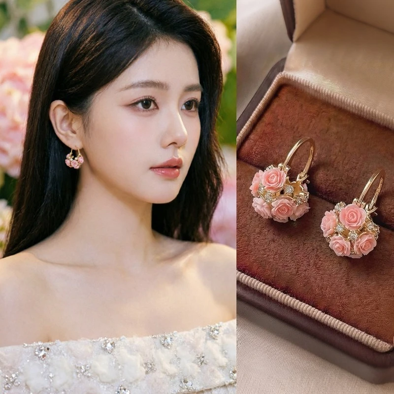 Floral Basket Earrings for Women Pink Acylic Elegant Dainty Flower Design Drop Earrings Wedding Romantic Everyday Jewelry