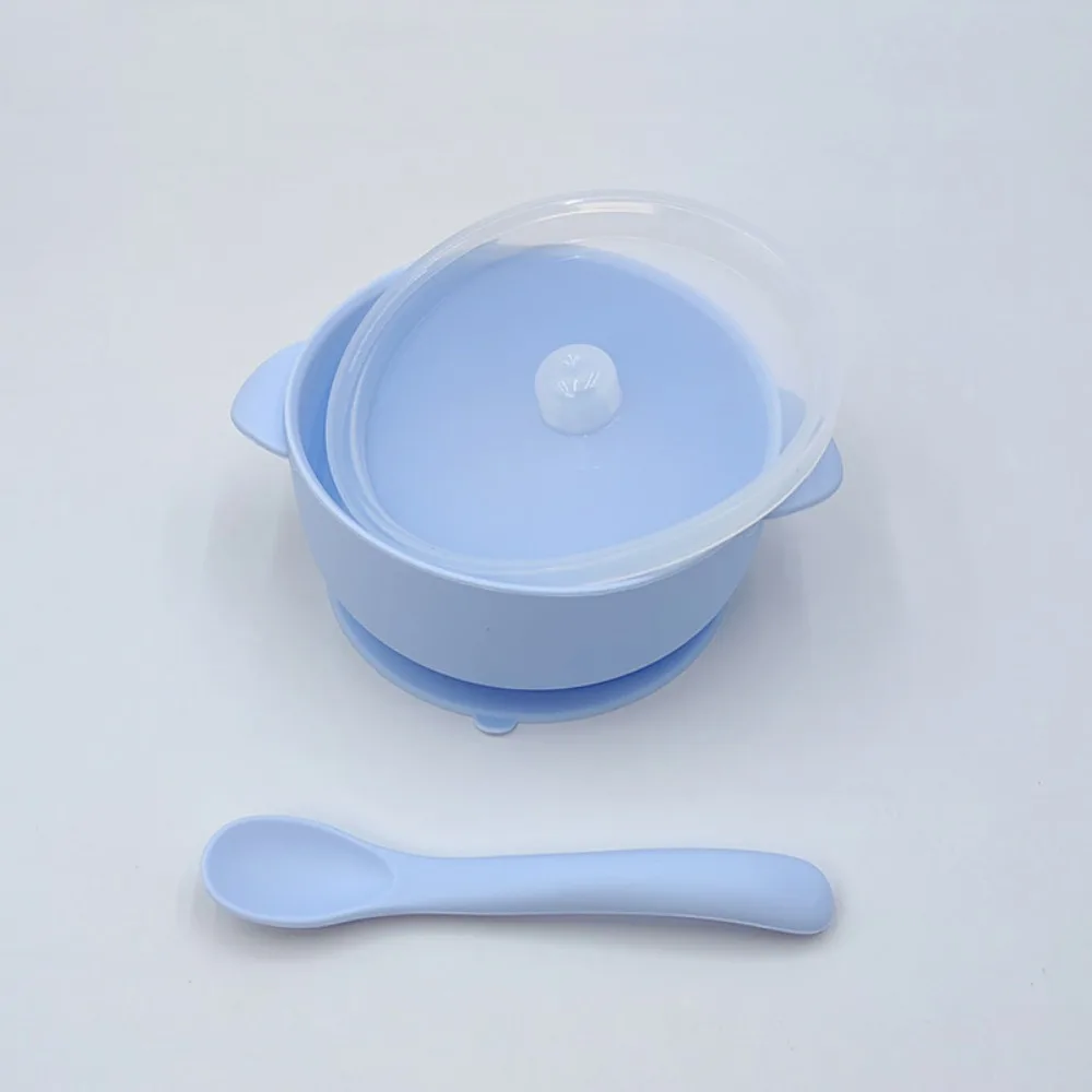 Bowl Lid Spoon Set Baby Suction Dinner Bowl Durable Waterproof Baby Silicone Suction Plate 400ML Non-Slip Feeding Tableware