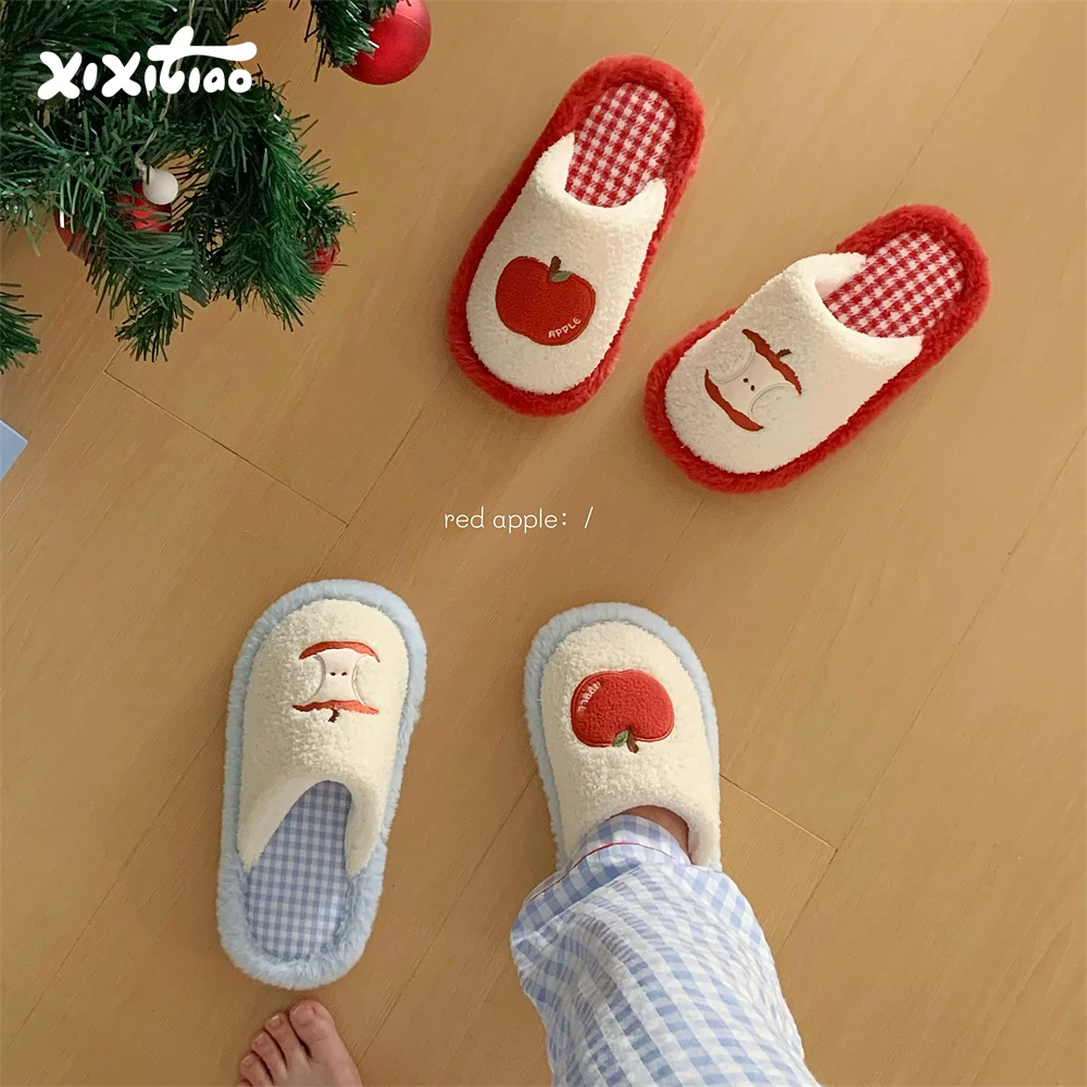 

Cute Red Apple Cotton Slippers Women Winter Girlish Heart Hairy Shoes Couple Home Goods Warm And Comfortable Slip Slippers Gifts