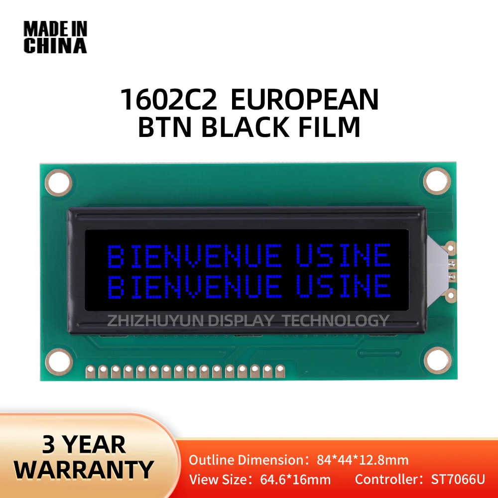 LCD1602C2 EUROPEAN LCD Display BTN Black Film Blue Letter 16*2 Industrial Control Structure 84*44MM Support Solution Development