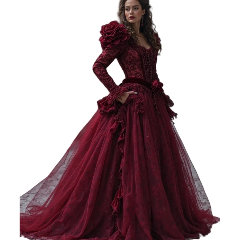 Винтажное викторианское платье для выпускного вечера, бордовое кружевное тюлевое длинное вечернее платье принцессы с карманами и оборками, индивидуальное платье Vestidos De Novia