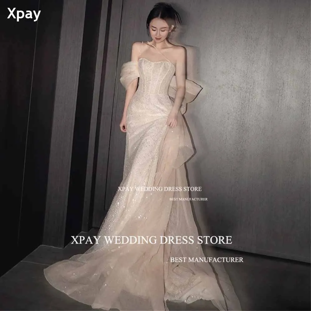 

XPAY Sweetheart Champagne Korea Evening Dresses Spaghetti Beading Strap Sparkly Sequined Wedding Photo Shoot Birthday Party Gown