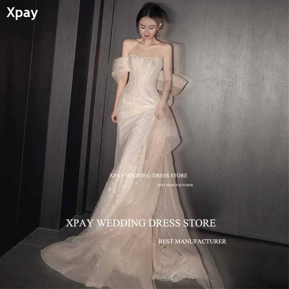 XPAY Sweetheart Champagne Korea Evening Dresses Spaghetti Beading Strap Sparkly Sequined Wedding Photo Shoot Birthday Party Gown