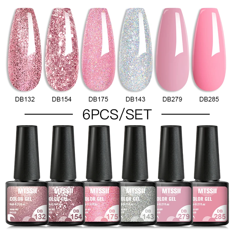 6Pcs/Set Glitter Purple Series Gel Nail Polish Spring Pink Blue Green Simple Nail Art Gel Varnish Soak Off UV Gel Manicure Kit