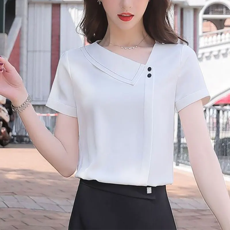 Women\'s Elegant Short Sleeve Shirts, Korean Fashion, Simplicity, Monochromatic, Office Clothes, All-match Loose Tops, Summer