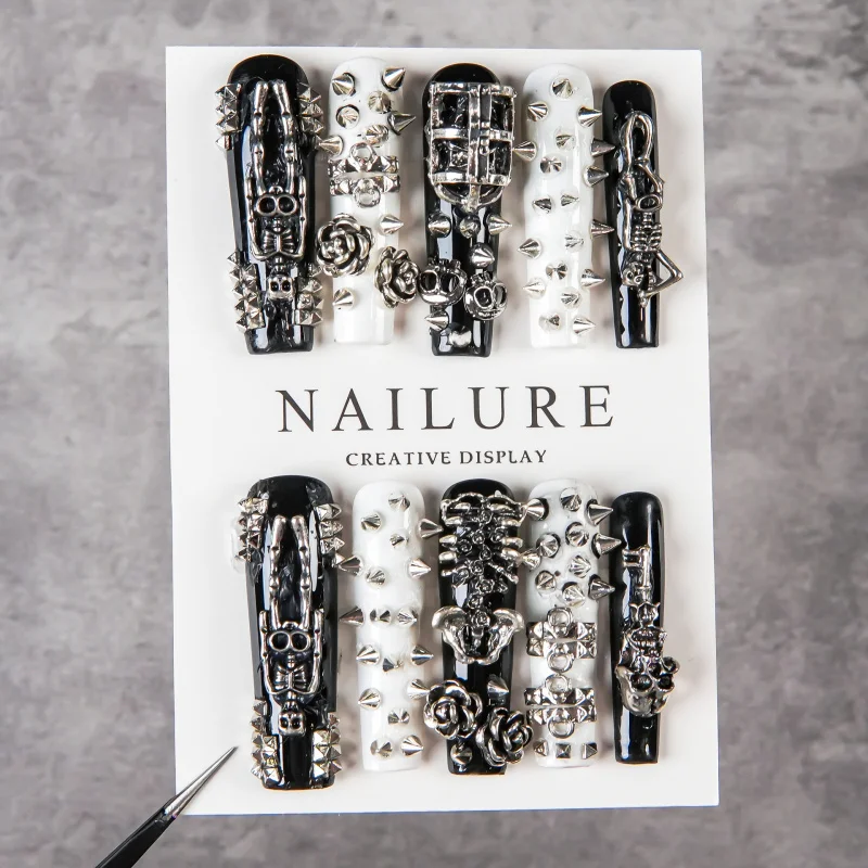 

Extra Long Coffin Black White Press On Nails 3D Metal Skeleton Rose Spike Stud Gothic Punk Halloween Cool Reusable False Nail Ti
