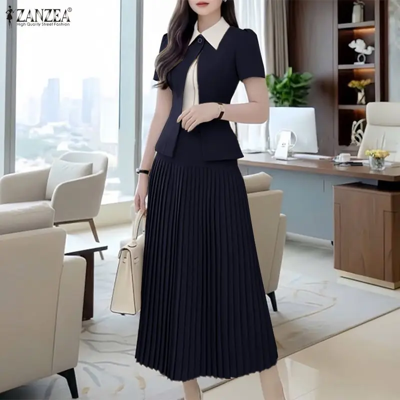 

ZANZEA Elegant Two-piece Outfits Women Short Sleeve Shirts and Long Skirts Pleated Summer Dress Sets Casual Solid Matching 2pcs