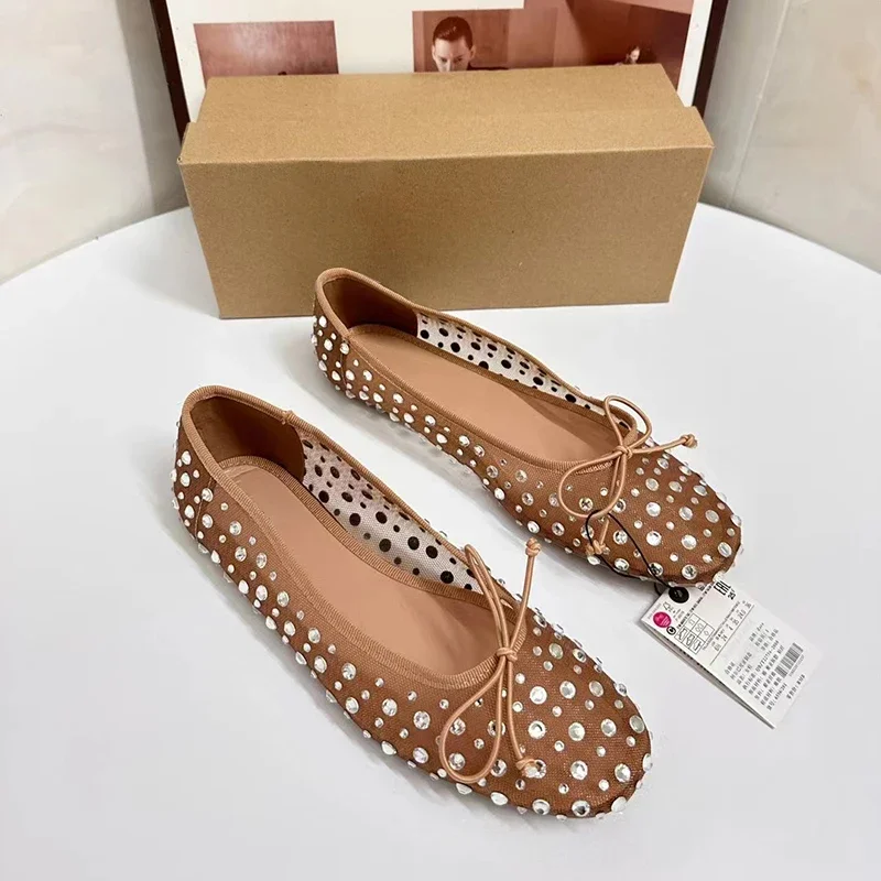 TRAF Women Rhinestone Dot Flats 2025 Spring Casual Boat Flats For Women Fashion Round Toe Flat Sandals Woman Street Flat Sandals