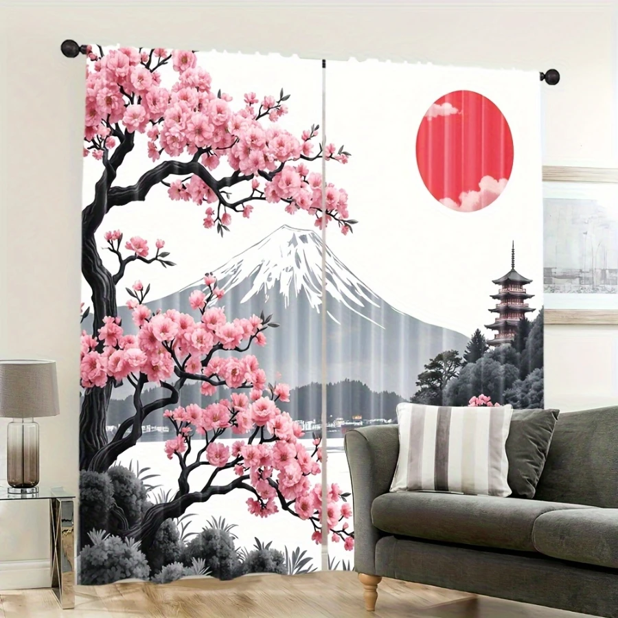 2PCS Digital Print  Curtain, Cherry Blossom Mount Fuji, Cute Cartoon Pattern  Curtain for Kids Room Bedroom Decor