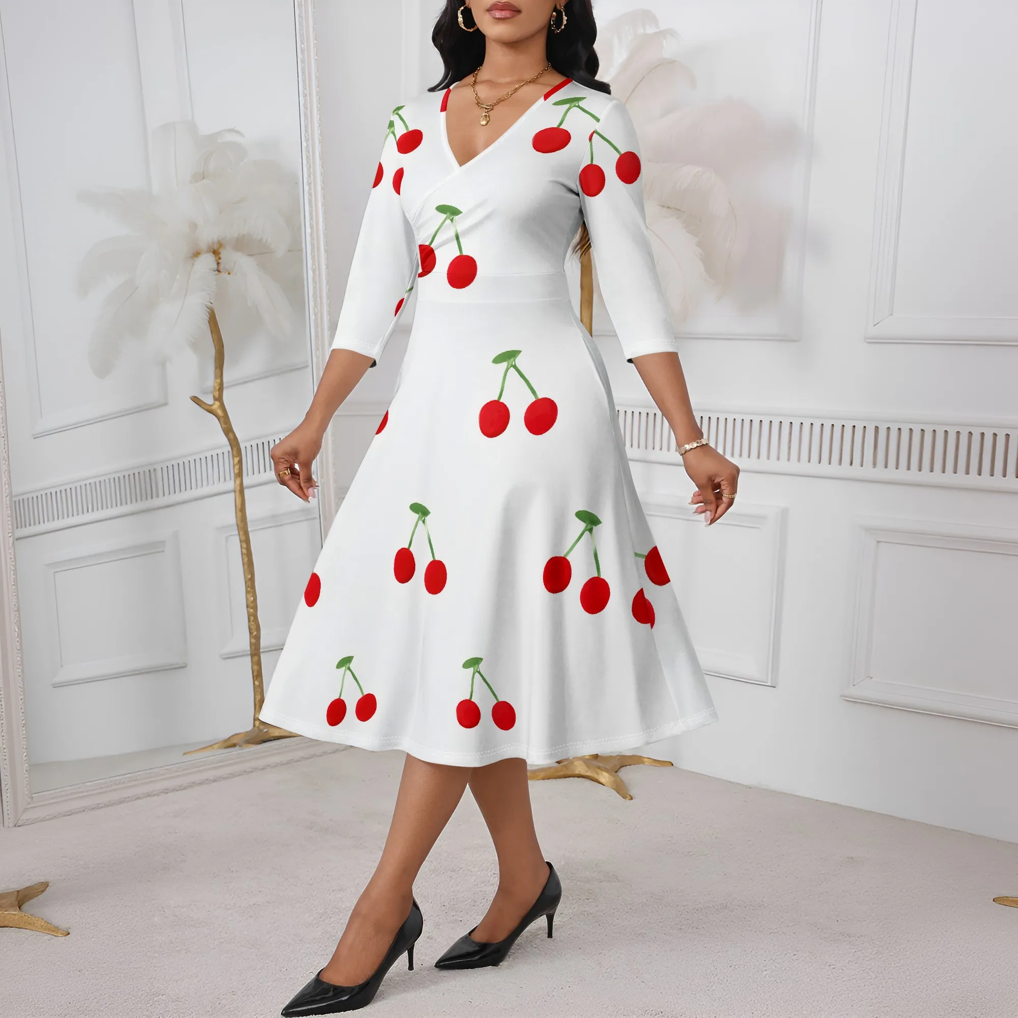 

Cherry Print White Dress S-3XL Cute Fruit Style for Summer Picnic, Garden Date or Casual Sweet Girl Look
