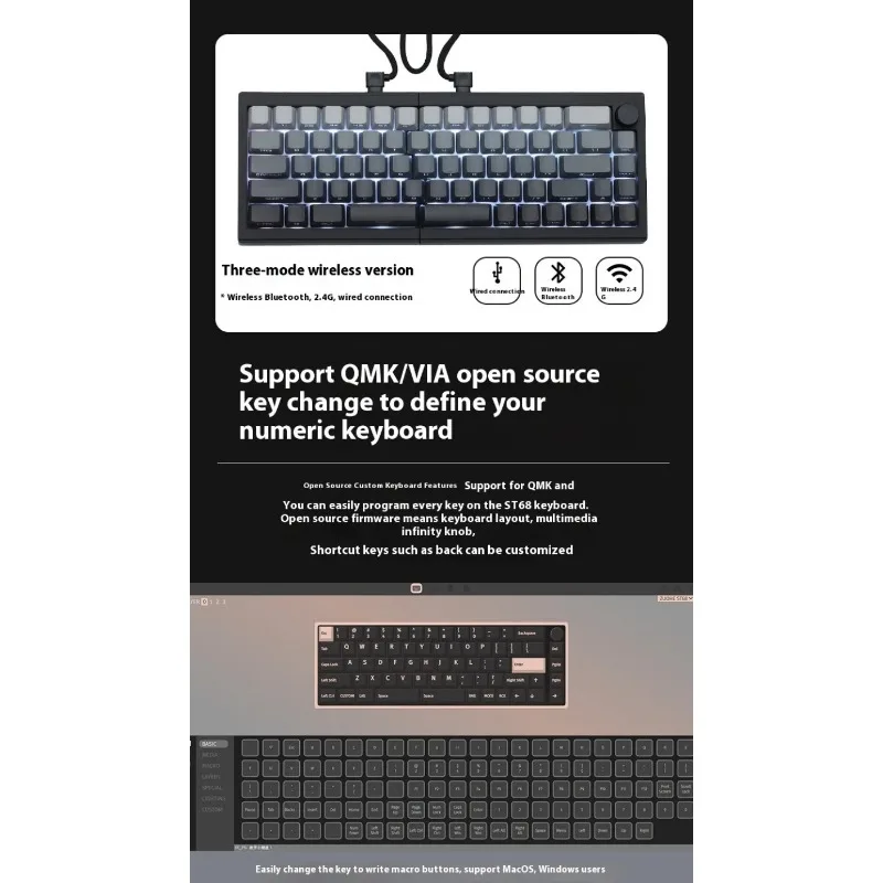 ZORNHER ST68 Split mechanische Tastatur Ergo Split Design Polar Meteor Linear Switch Silent/Smooth Bluetooth 5.1 für Büro