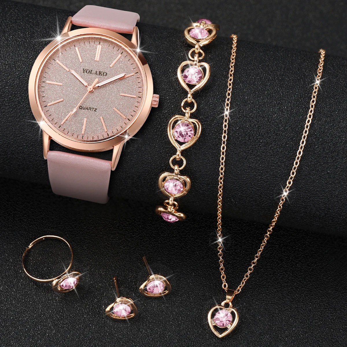 Women\'s Watch Fashion Matte Dial Casual Leather Band Quartz Watch with Diamond Heart Jewelry Set(Without Box)