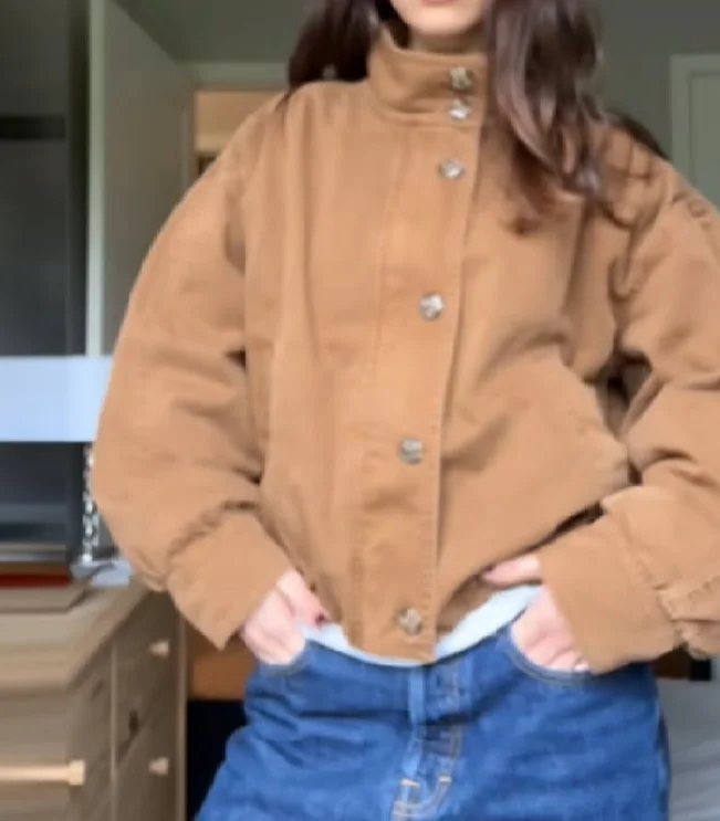 

Vintage Standing Neck Brown Short Jacket Long Sleeve Tight-Fitting Single Breasted Autumn Coat Retro High Street Basic Outfit