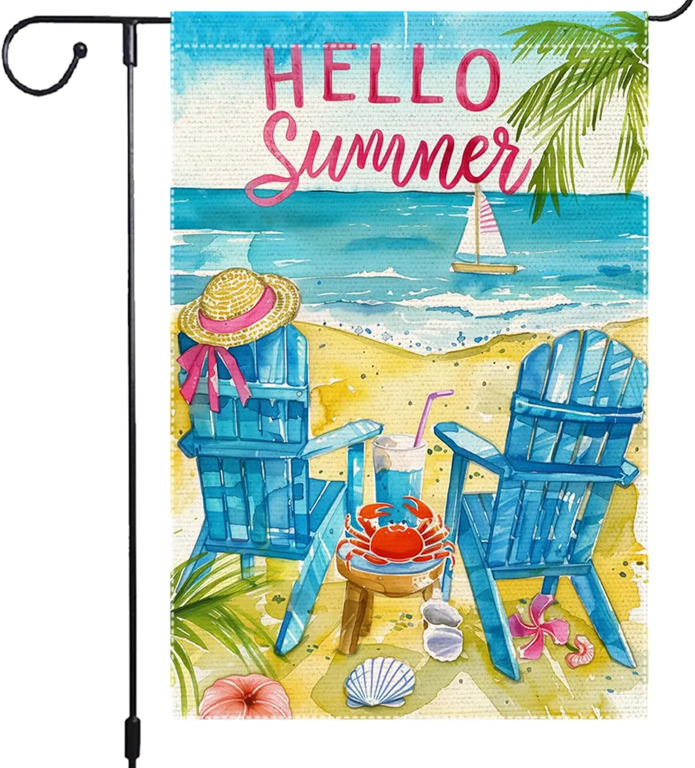 Hello Summer Garden Flag 12x18 Inch Double Sided Small Burlap Summer Beach Outdoor Yard Decor Adirondack Chairs Crab Seashel PPZ