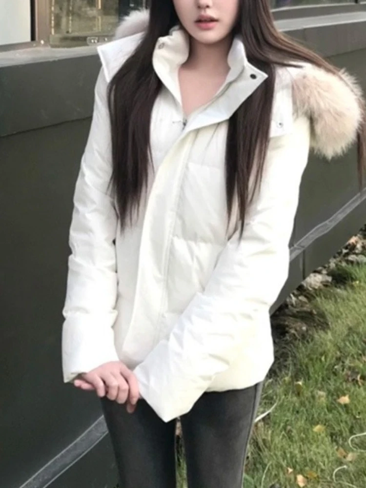 Korean Fashion Elegant Short Puffer Hoodie Coat Women Slim Fit Zipper Fur Collar Thick Warm Parkas Winter Casual Retro Chic Tops
