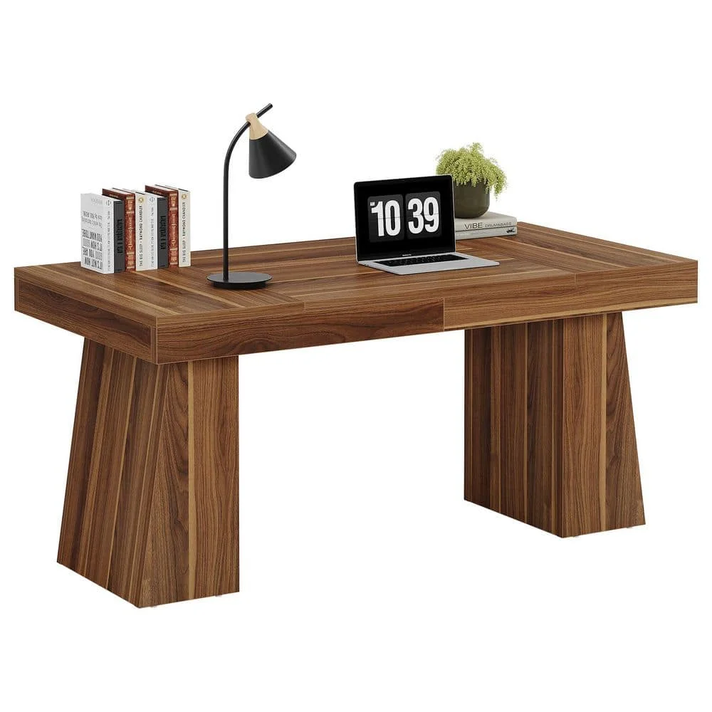 في. مكتب تنفيذي خشبي بني مستطيل حديث مع قاعدة مزدوجة، طاولة كمبيوتر للمكتب