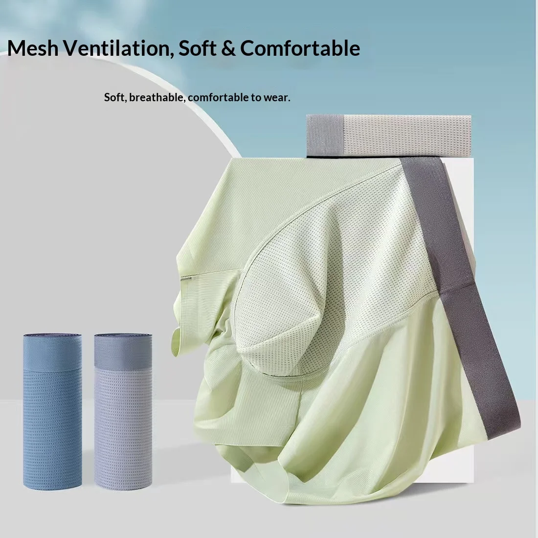 

Бесшовные мужские трусы-боксеры из ледяного шелка: с сетчатой вставкой спереди, дышащие, легкие, для весны/лета, антибактериальные