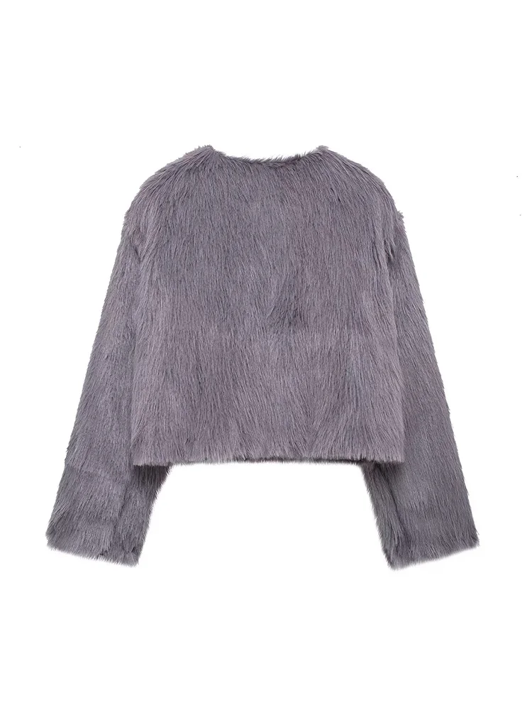 2024 New Autumn And Winter Women Loose Faux Fur Jacket Ladies Solid Color Warm Round Neck Cotton Jacket Top