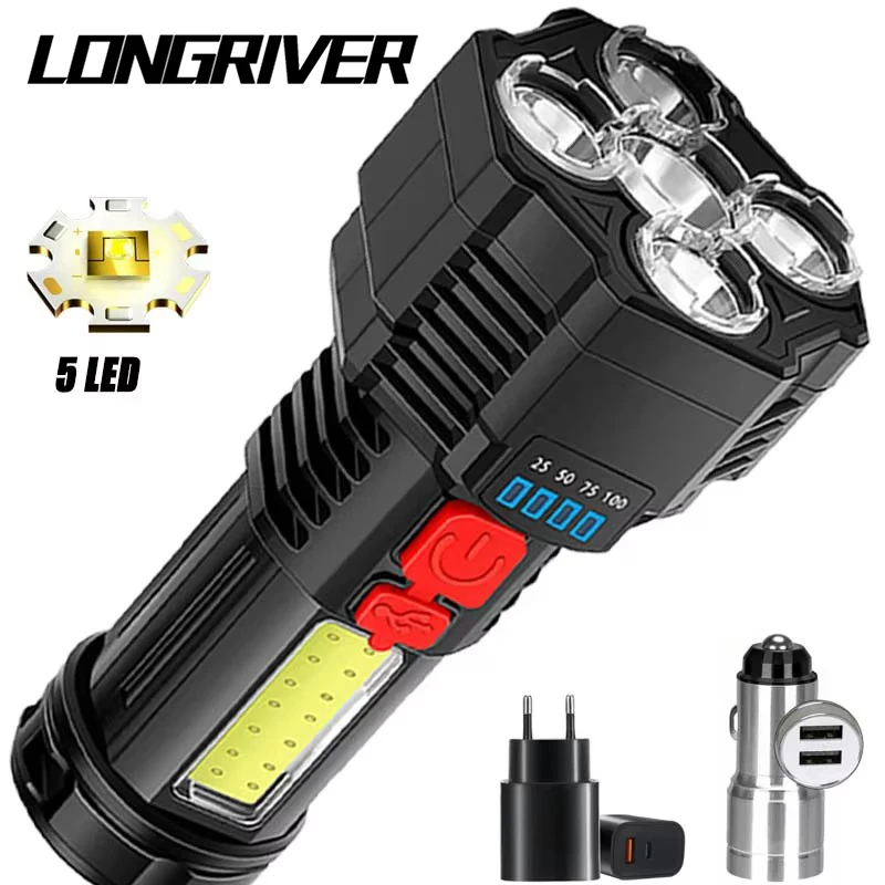 5LED High Power Flashlight USB Rechargeable Camping Spotlight with Side Light 4 Lighting Modes for Camping Adventure Outdoor