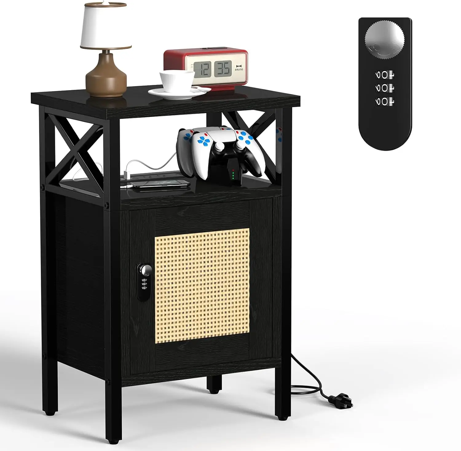 

Rattan Nightstand With Lock, End Table With Charging Station, Side Table With Door And Open Shelf, Modern Wooden Bedside Table