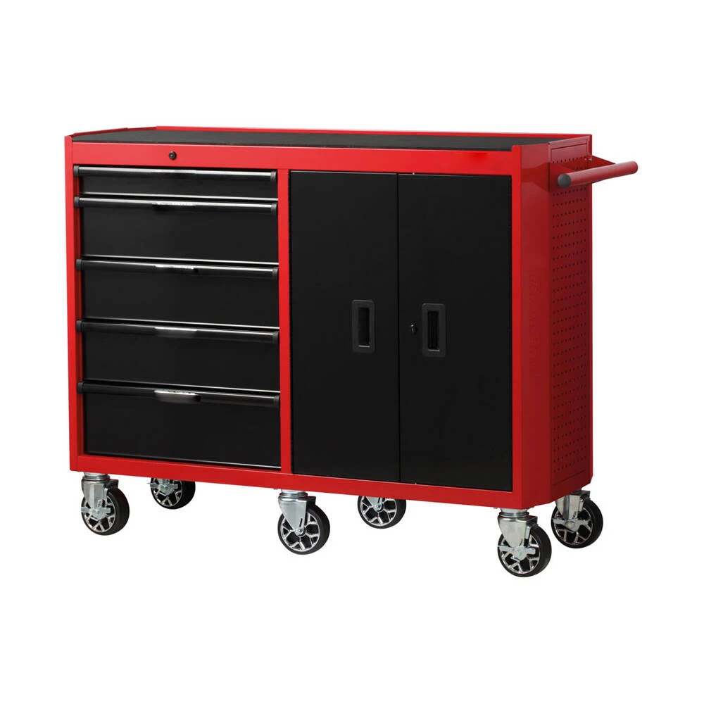 Red And Black 5 Drawers And 2 Doors Premium Rolling Tool Cabinet Large Tool For Garage Workshop Use