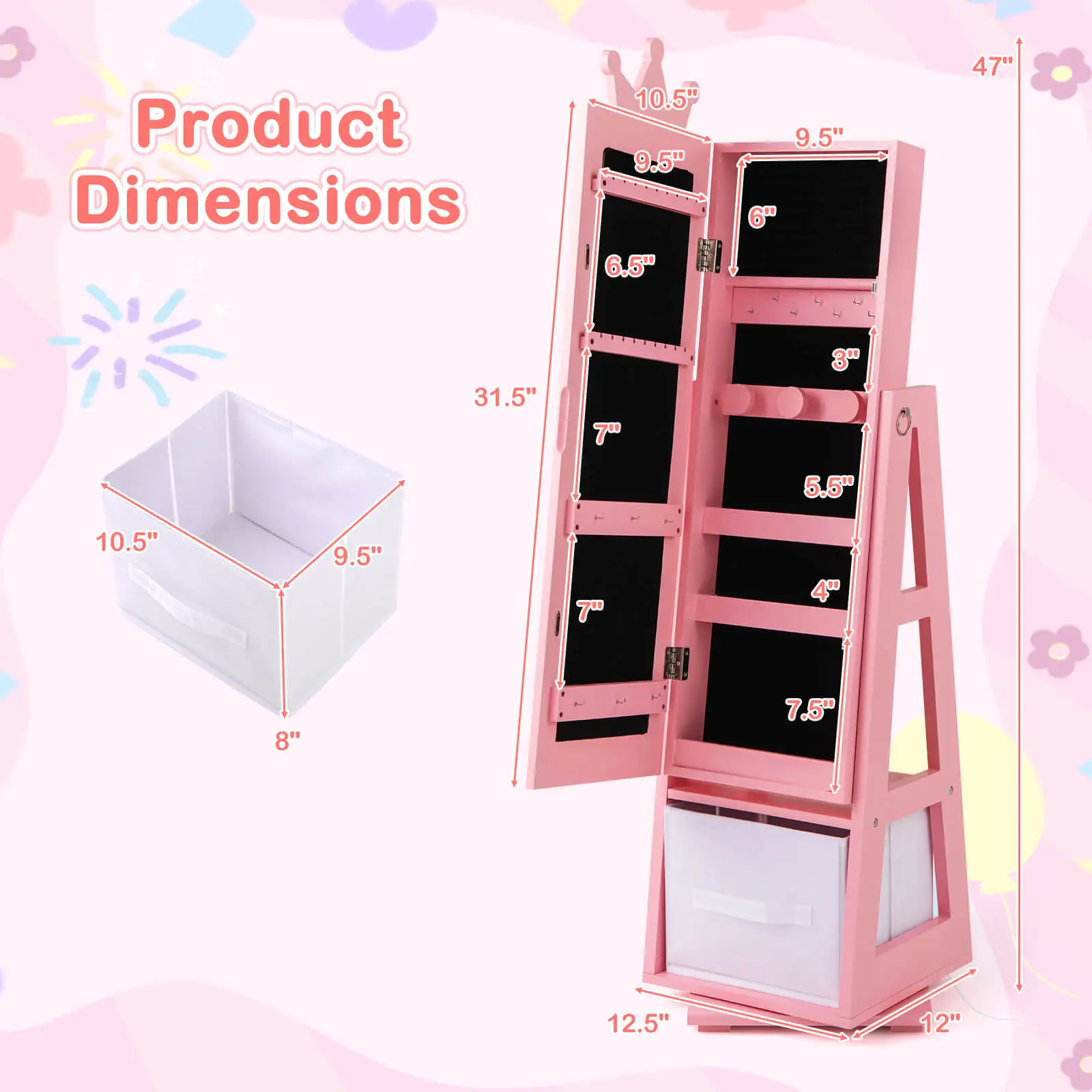 Kids Jewelry Cabinet w/ Full-Length Mirror Foldable Drawer Anti-toppling System