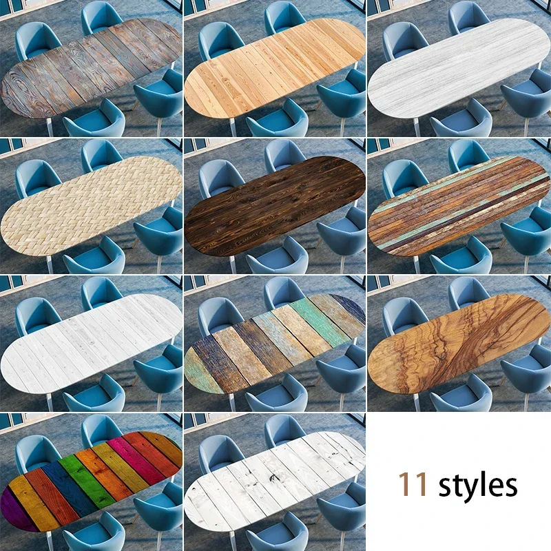 Wooden Plank Texture Style Waterproof Oval Tablecloth Oil-Resistant Elastic Stretch Fitted Table Cover Kitchen Dining Outdoor