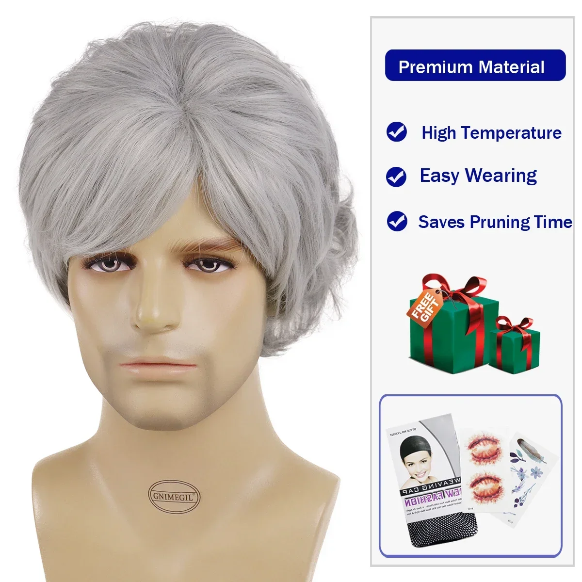 Premium Synthetic Wig with Bangs Short Curly Silver Grey Wigs for Men Hair Blanche Wig for Elder Male Cosplay Halloween Pap Wigs