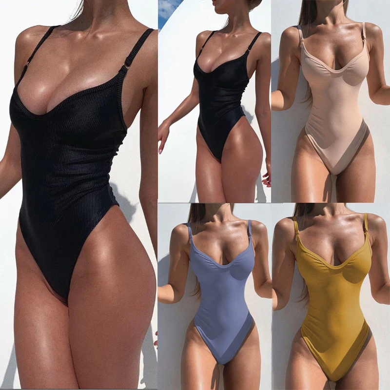New high-elasticity swimsuit for women in nude pink, solid color, sexy one-piece swimsuit for women
