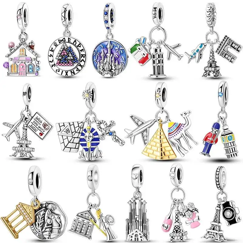 Hapilife 925 Sterling Silver Paris Triumphal Arch Eiffel Tower Castle Church Charms Fit Bracelet Travel Round The World Jewelry