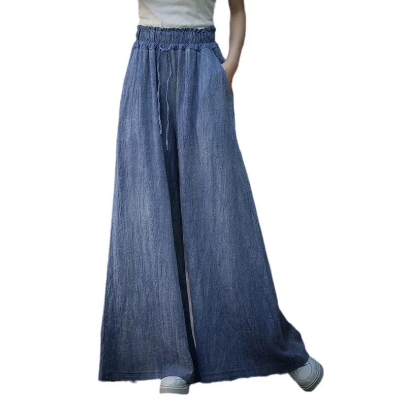 بنطال خريفي واسع الساق مع صبغة مربوطة يدويًا وخصر مكشكش فريد. رامي خفيف الوزن للتخسيس، مقاس ثنى. #4