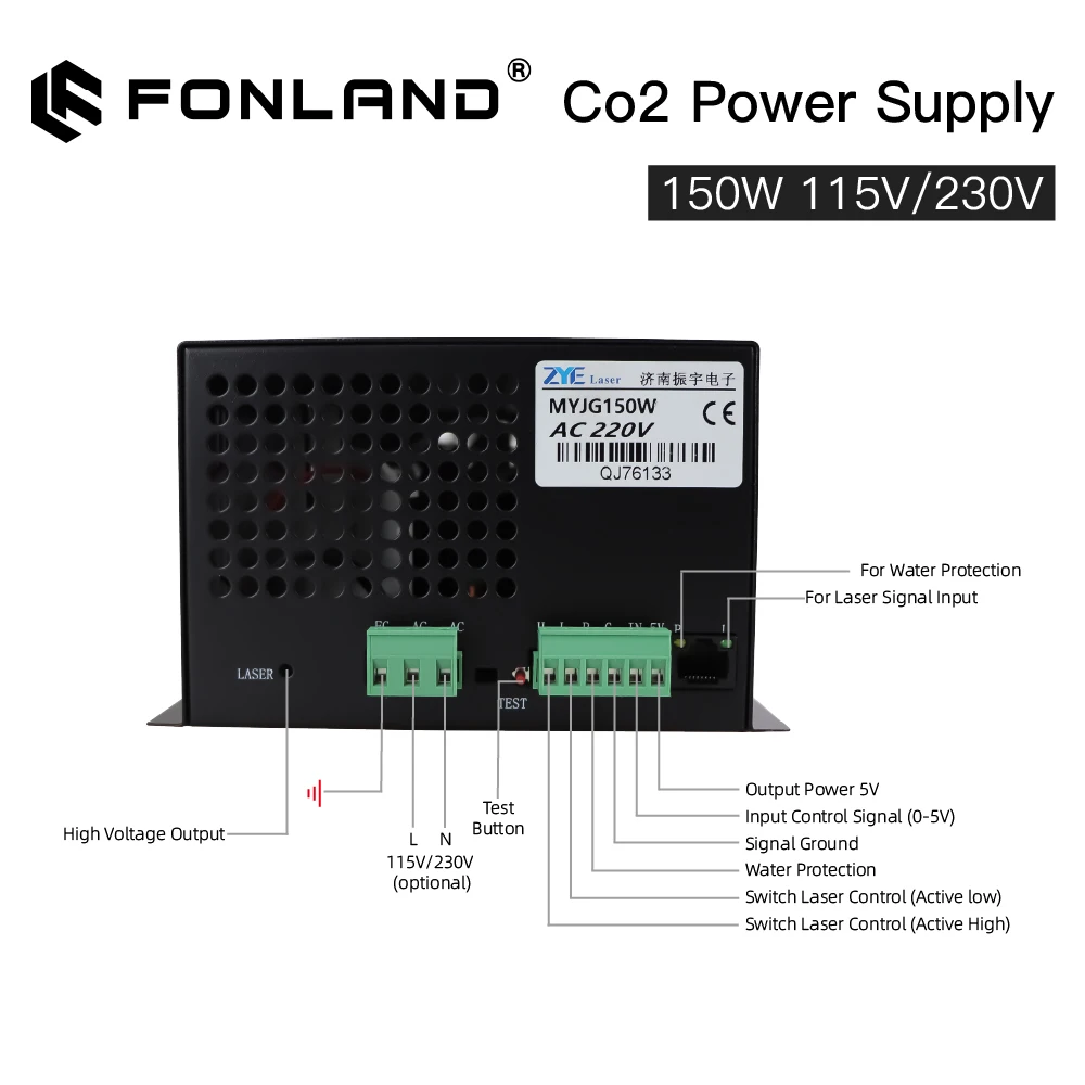 Catu daya Laser CO2 150W FONLAND, suplai daya Laser untuk Reci YongLi EFR 150W atau 180W, MYJG-150W mesin tabung pengukir Laser CO2